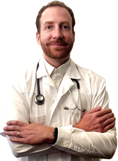 Docteur Thomas Breuneval souriant en blouse blanche et stéthoscope.